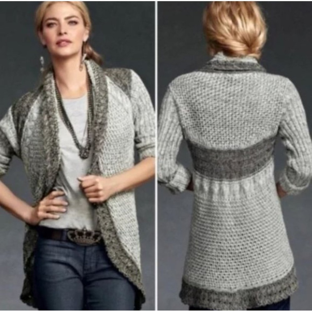 Cabi Cardigan Sweater Gray Brown Mixed Cable Knit Open Front Shawl Collar Size M